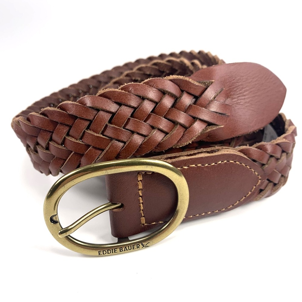 Eddie Bauer Belt Braided Leather Brown Womens Size Medium Solid Brass Buckle